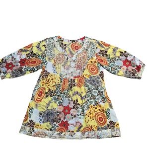 Globus Yellow Patchwork Sequin Embellished Tunic Top Kurti XL Boho V-Neck